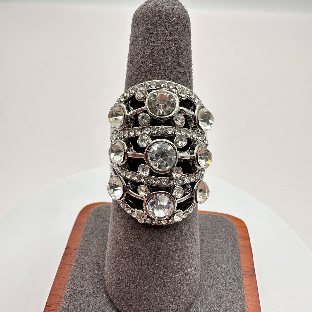 Vintage Y2K Silver Tone Multi-Tier Rhinestone Ring Women's Jewelry